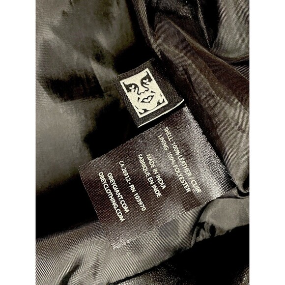 Obey Worldwide Leather Moto Jacket M Shepard Fairey Inner Art Black Biker Rare - Picture 7 of 11